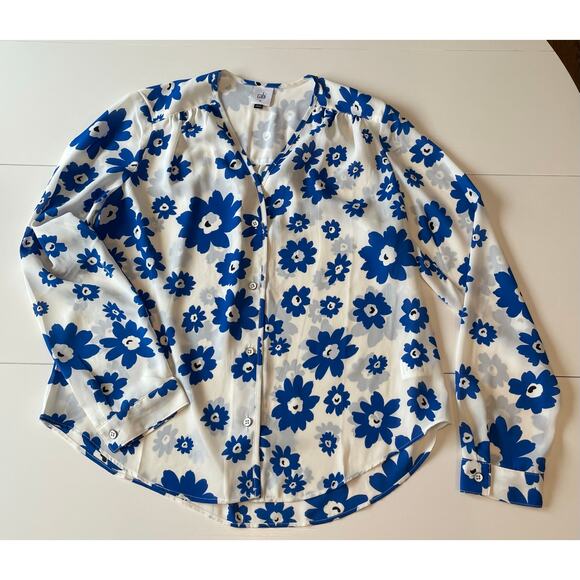 Cabi Florist Blouse Top Blue White Sz M V-Neck Long Sleeve Button Up Cottagecore - Picture 7 of 10